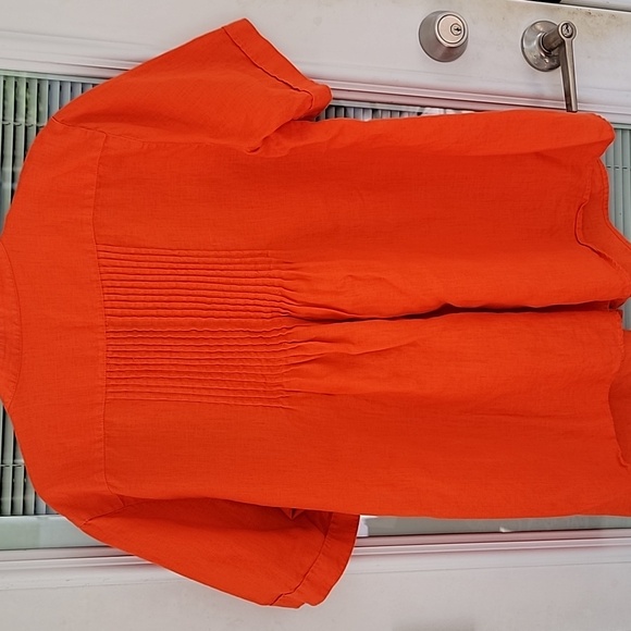 Liz Claiborne 💯 Linen Orange Button-Up Blouse Short Sleeve With Pintucks Sz 1X - Picture 7 of 9